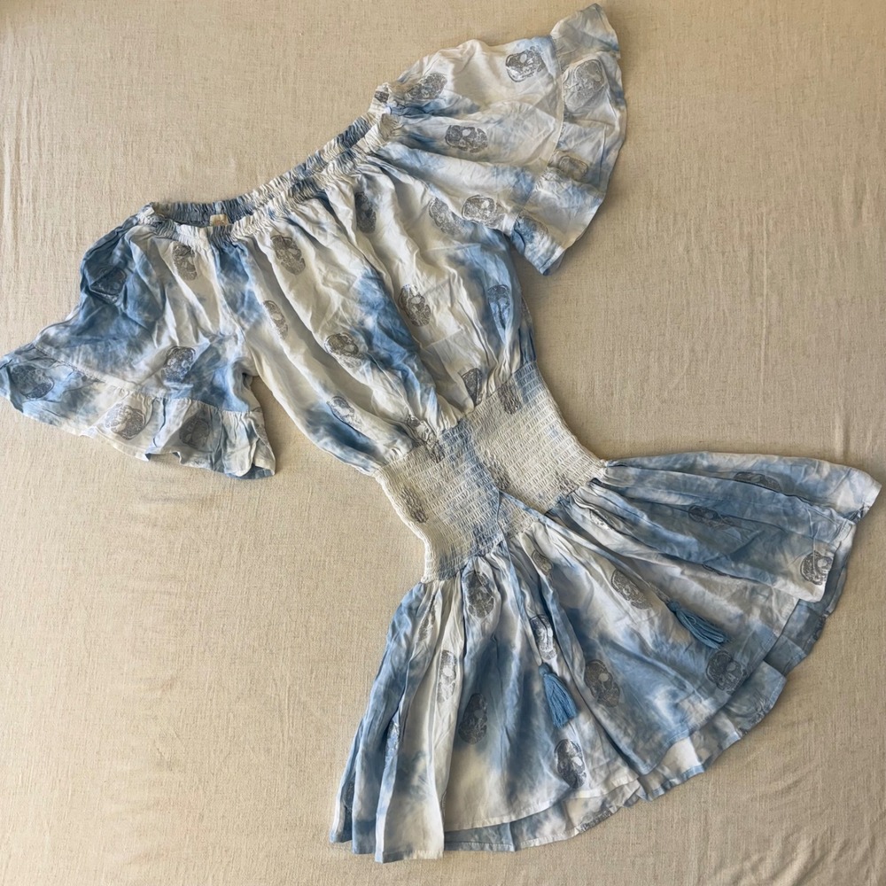Surf Gypsy Blue White Tie Dye Skull Print Smocked Mini Dress  Medium